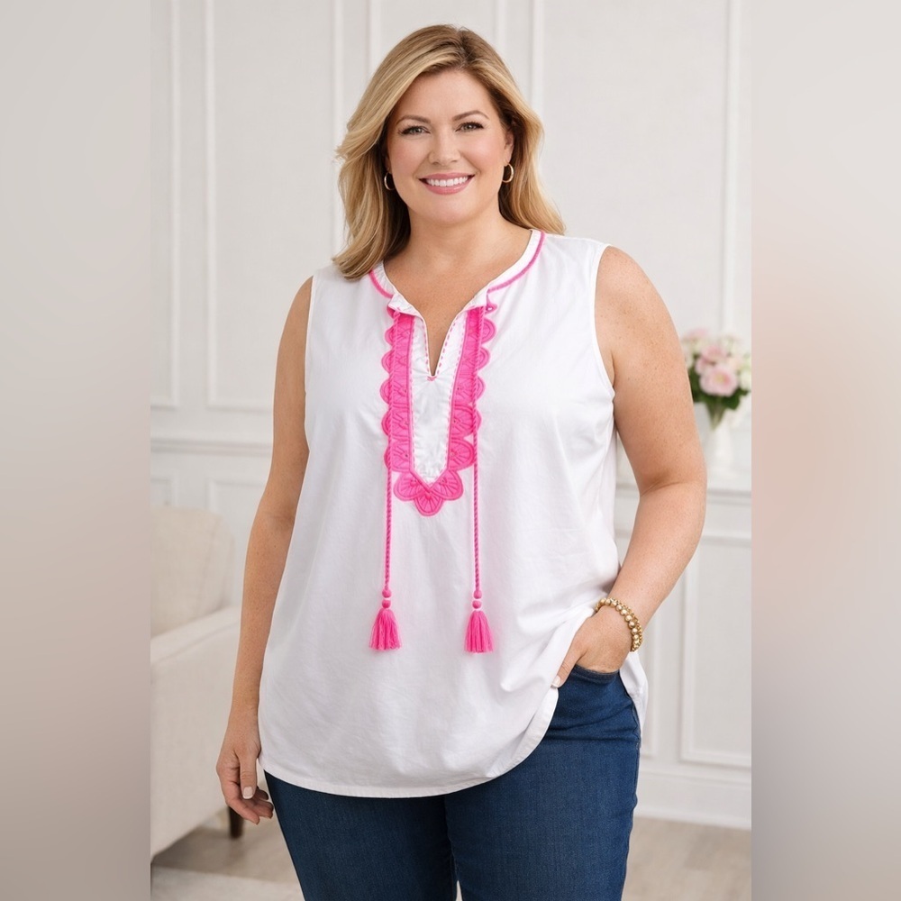 Talbots Womens Tunic Top Sz 3X White Cotton Poplin Pink Appliqued Tassel Preppy